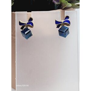 Blue Enamel Bow Sapphire Crystal Cube Stud Earrings Gold Tone Whimsical Jewelry